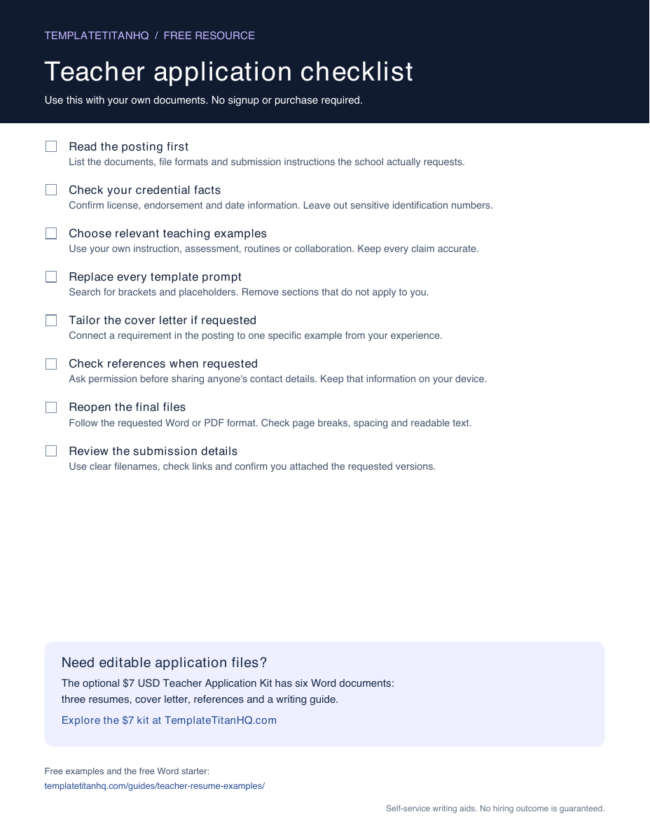 Actual free PDF with eight teacher application checks and an optional link to the $7 Word kit.